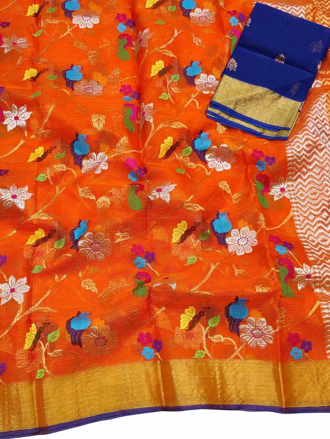Orange And Blue Kota Doria Handloom Real Zari Saree - Luxurion World