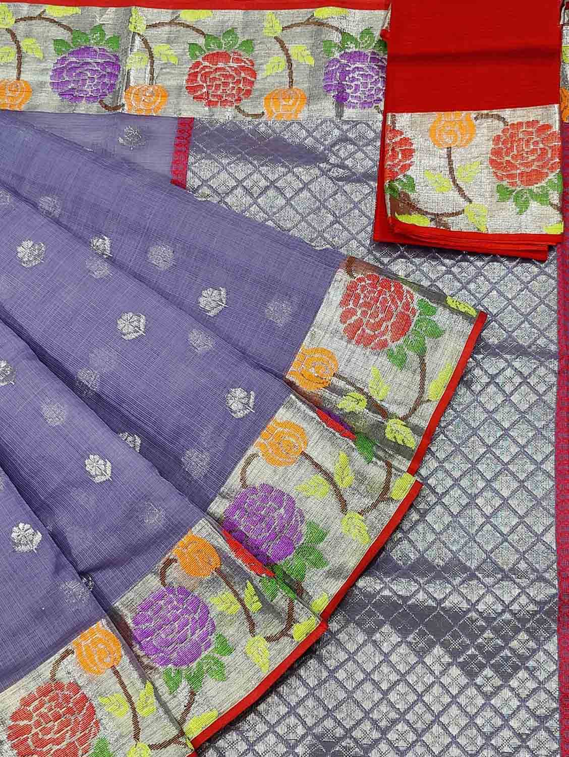 Purple And Red Kota Doria Handloom Real Zari Saree - Luxurion World