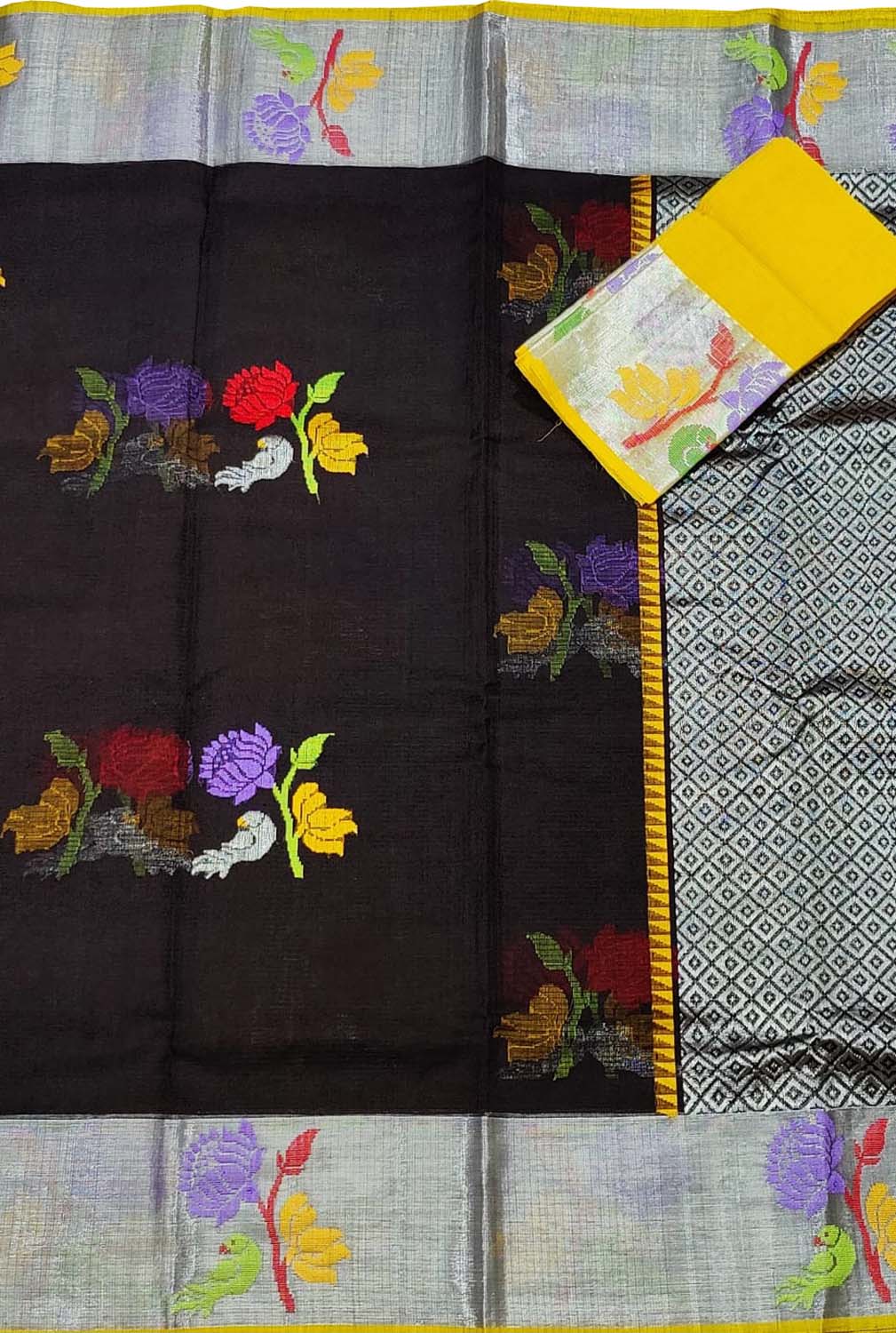 Black And Yellow Kota Doria Handloom Real Zari Saree - Luxurion World