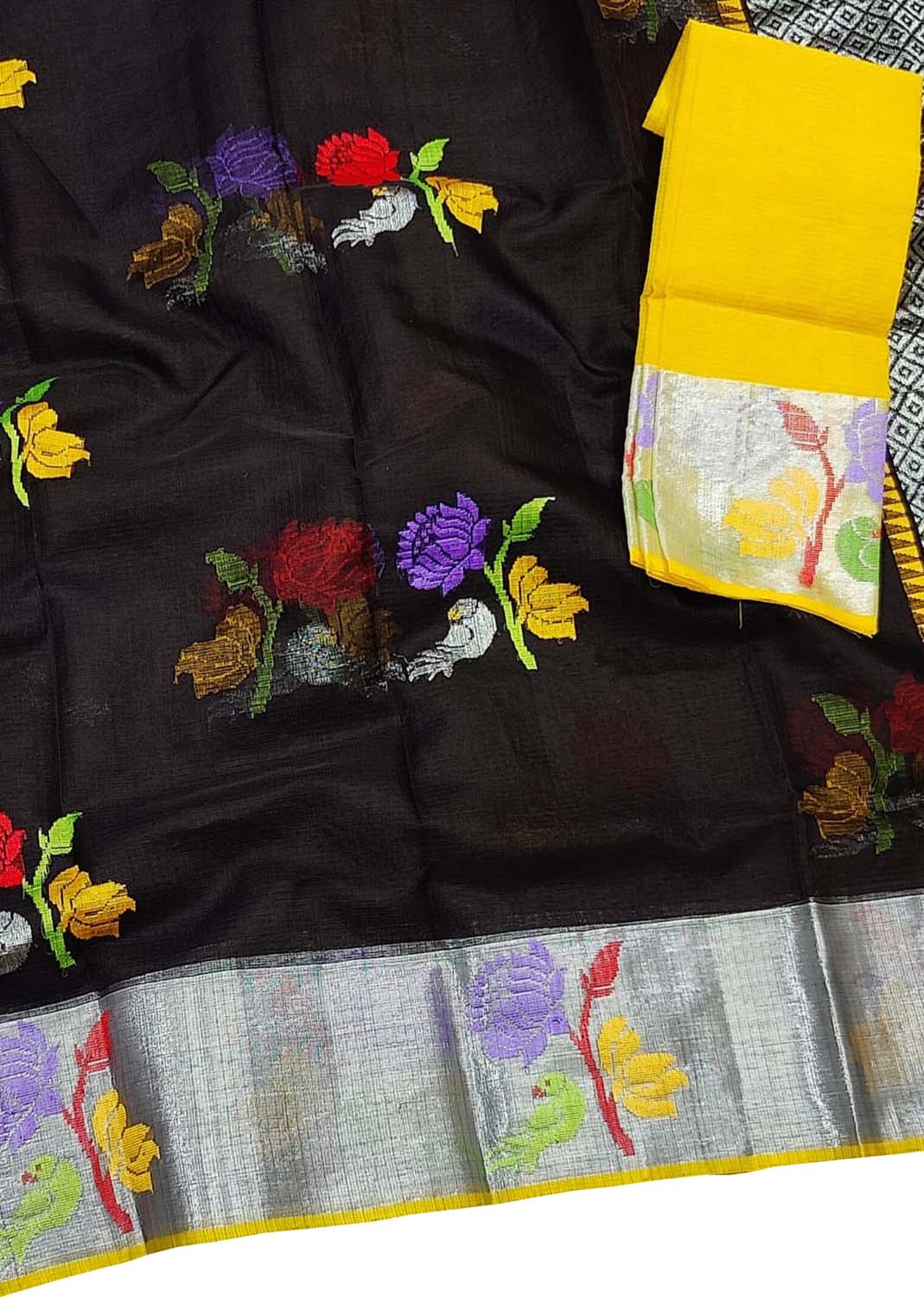 Black And Yellow Kota Doria Handloom Real Zari Saree - Luxurion World