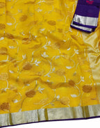 Yellow And Blue Kota Doria Handloom Real Zari Saree - Luxurion World