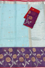 Blue And Purple Kota Doria Handloom Real Zari Saree - Luxurion World