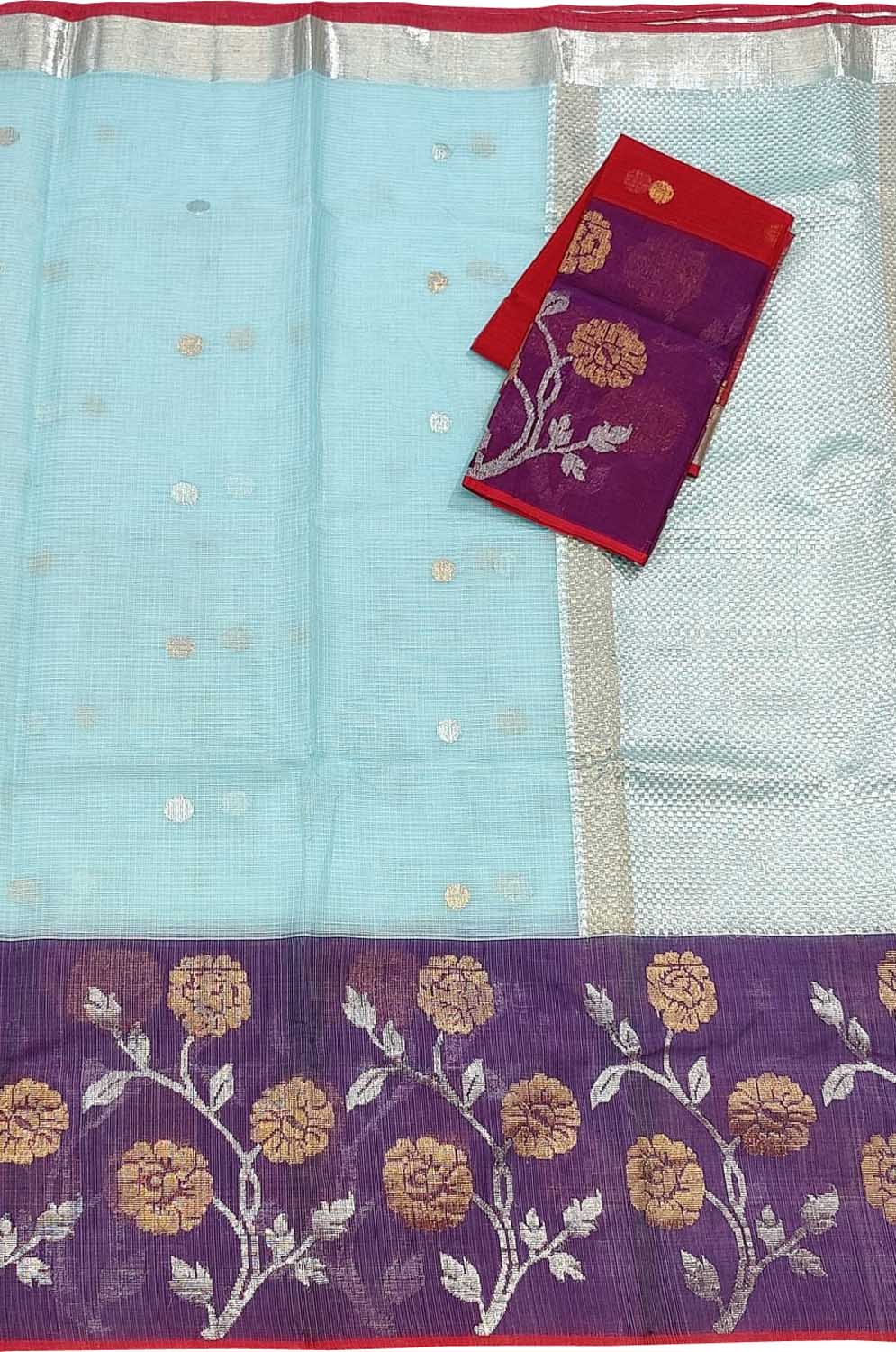 Blue And Purple Kota Doria Handloom Real Zari Saree - Luxurion World