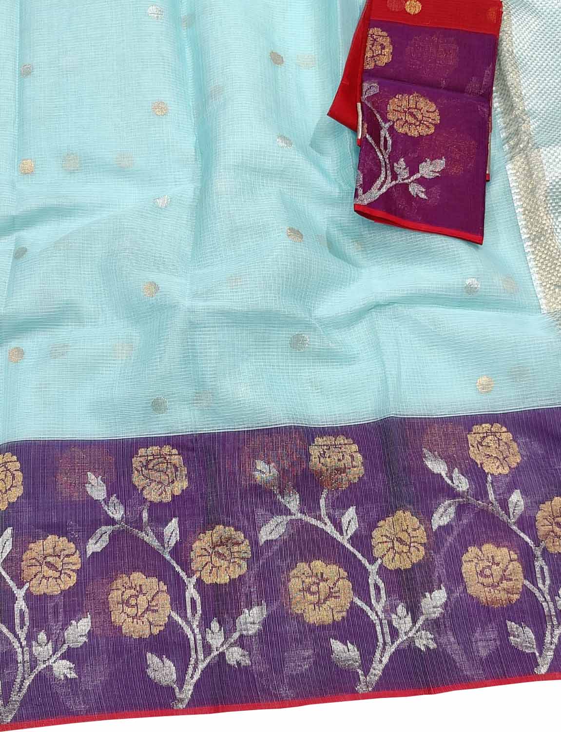 Blue And Purple Kota Doria Handloom Real Zari Saree - Luxurion World