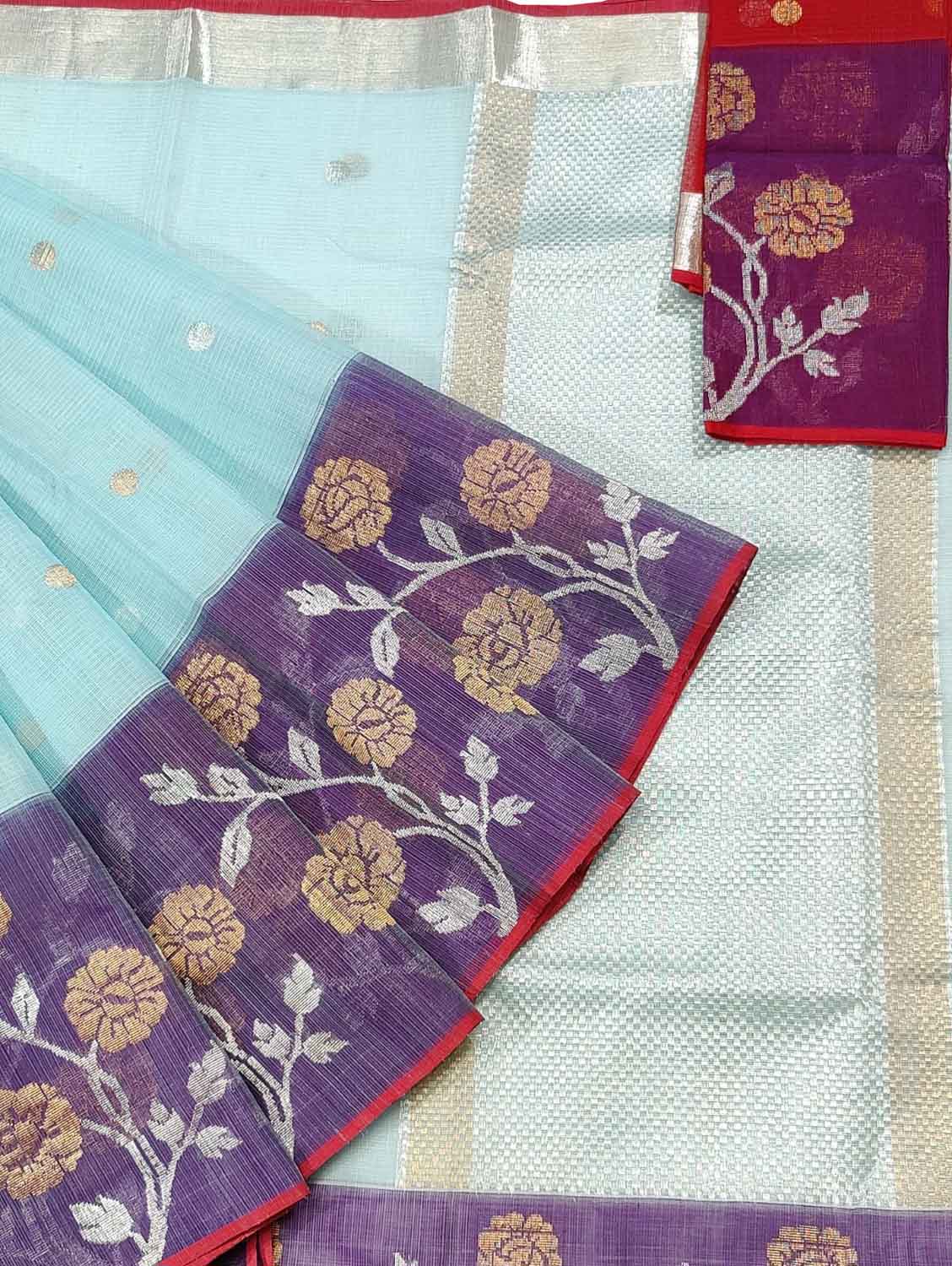 Blue And Purple Kota Doria Handloom Real Zari Saree - Luxurion World