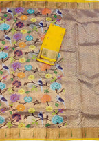 Golden And Yellow Kota Doria Handloom Double Tissue Real Zari Saree - Luxurion World