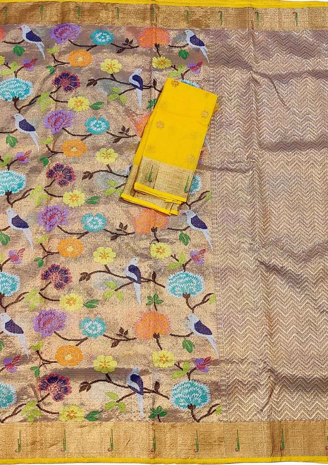 Golden And Yellow Kota Doria Handloom Double Tissue Real Zari Saree - Luxurion World