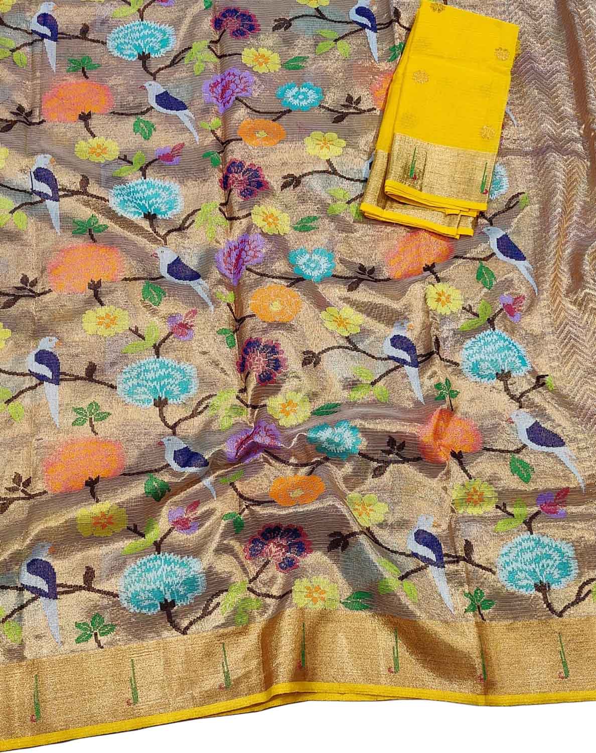Golden And Yellow Kota Doria Handloom Double Tissue Real Zari Saree - Luxurion World