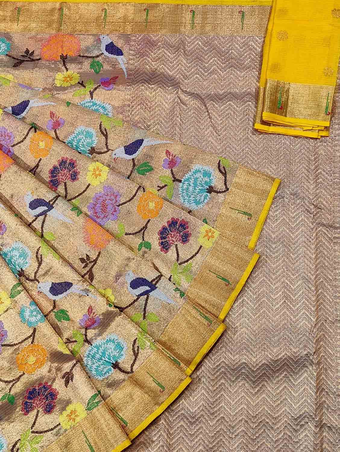 Golden And Yellow Kota Doria Handloom Double Tissue Real Zari Saree - Luxurion World