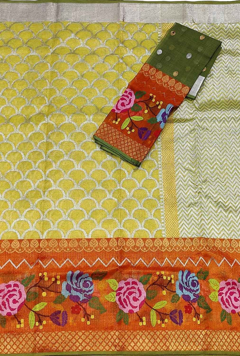 Yellow And Green Kota Doria Handloom Tissue Real Zari Saree With Paithani Border - Luxurion World