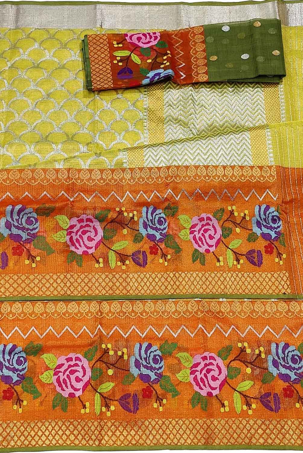 Yellow And Green Kota Doria Handloom Tissue Real Zari Saree With Paithani Border - Luxurion World