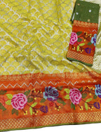 Yellow And Green Kota Doria Handloom Tissue Real Zari Saree With Paithani Border - Luxurion World
