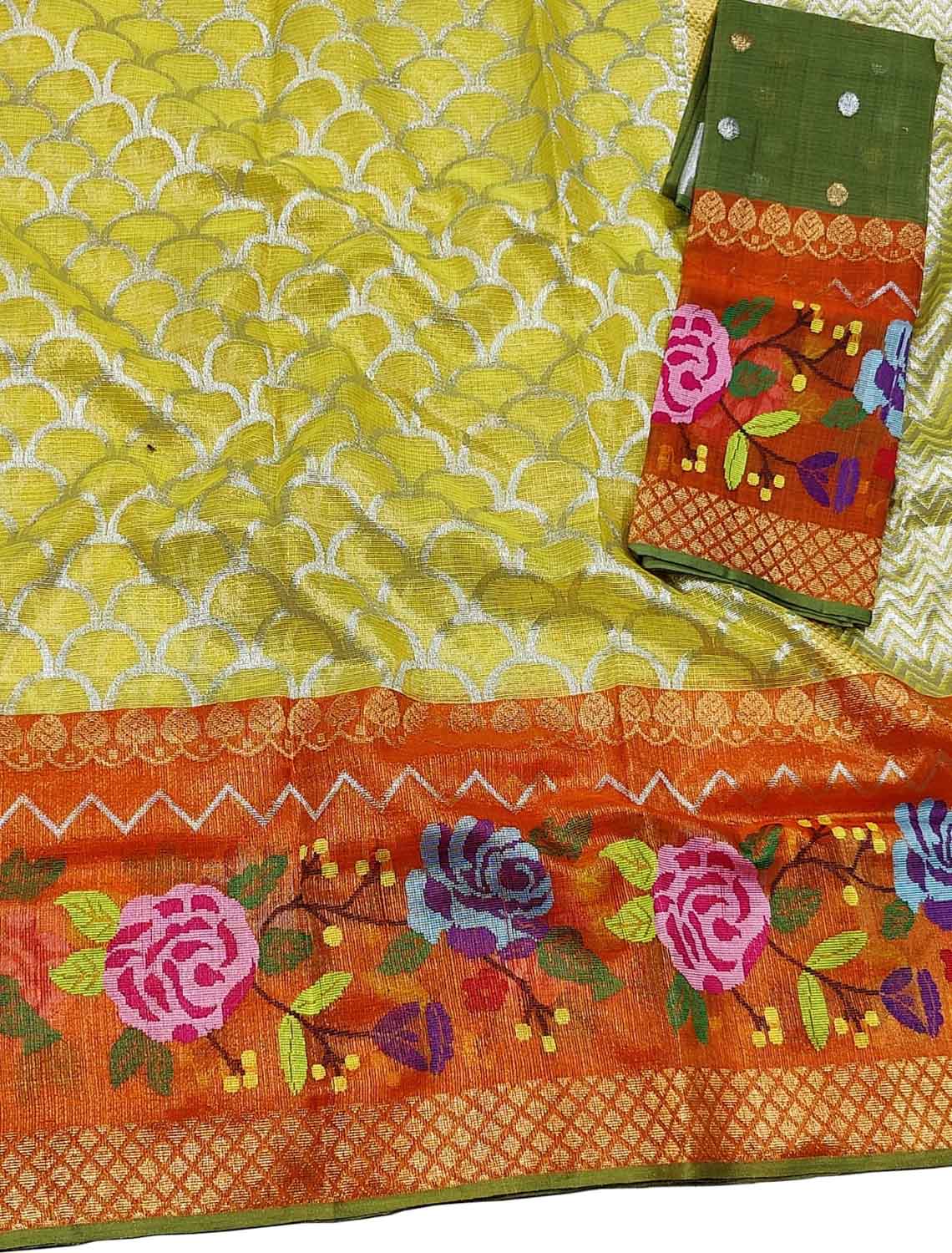 Yellow And Green Kota Doria Handloom Tissue Real Zari Saree With Paithani Border - Luxurion World