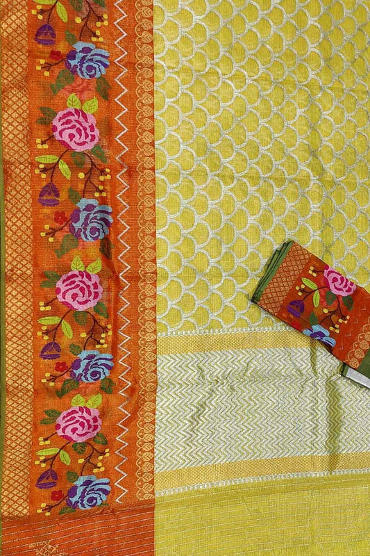 Yellow And Green Kota Doria Handloom Tissue Real Zari Saree With Paithani Border - Luxurion World