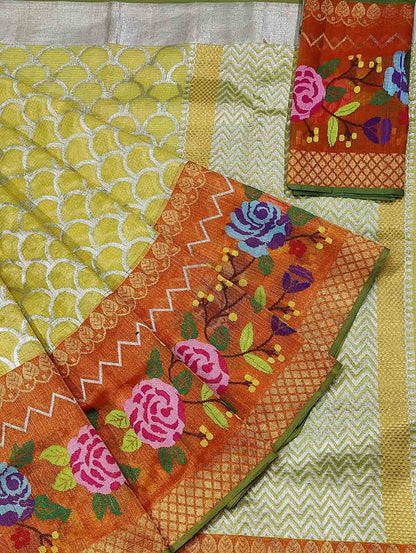Yellow And Green Kota Doria Handloom Tissue Real Zari Saree With Paithani Border