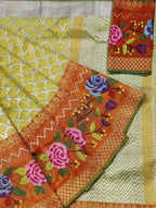 Yellow And Green Kota Doria Handloom Tissue Real Zari Saree With Paithani Border - Luxurion World