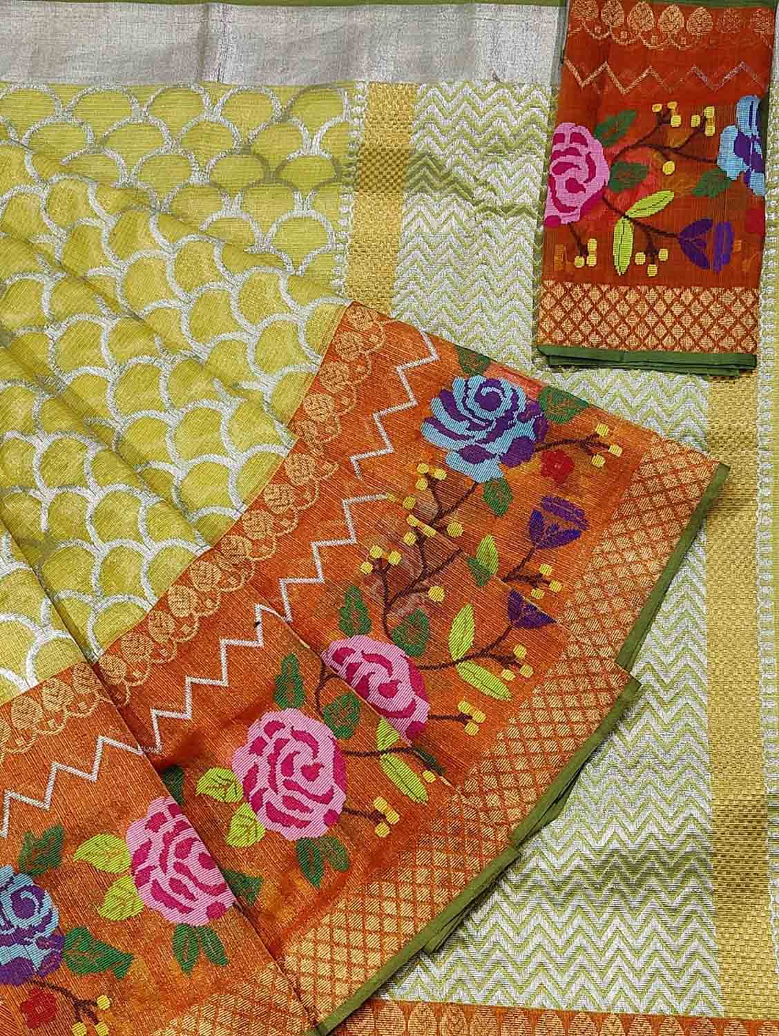 Yellow And Green Kota Doria Handloom Tissue Real Zari Saree With Paithani Border - Luxurion World