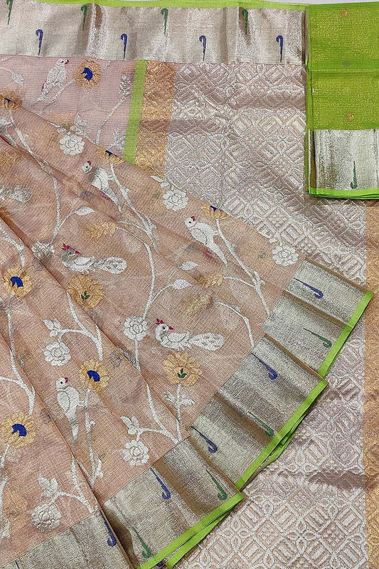 Elegant Pastel Kota Doria Handloom Saree with Real Zari Tissue - Luxurion World