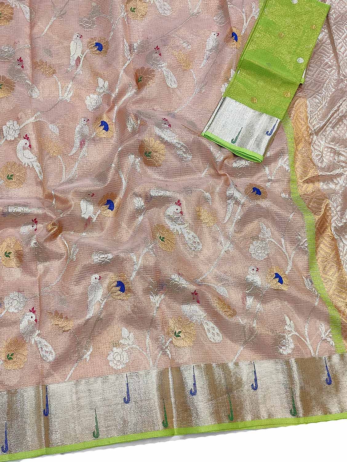 Elegant Pastel Kota Doria Handloom Saree with Real Zari Tissue - Luxurion World