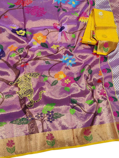 Elegant Purple Zari Saree: Handloom Tissue Kota Doria - Luxurion World