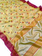 Yellow And Pink Kota Doria Handloom Real Zari Bird Design Saree - Luxurion World