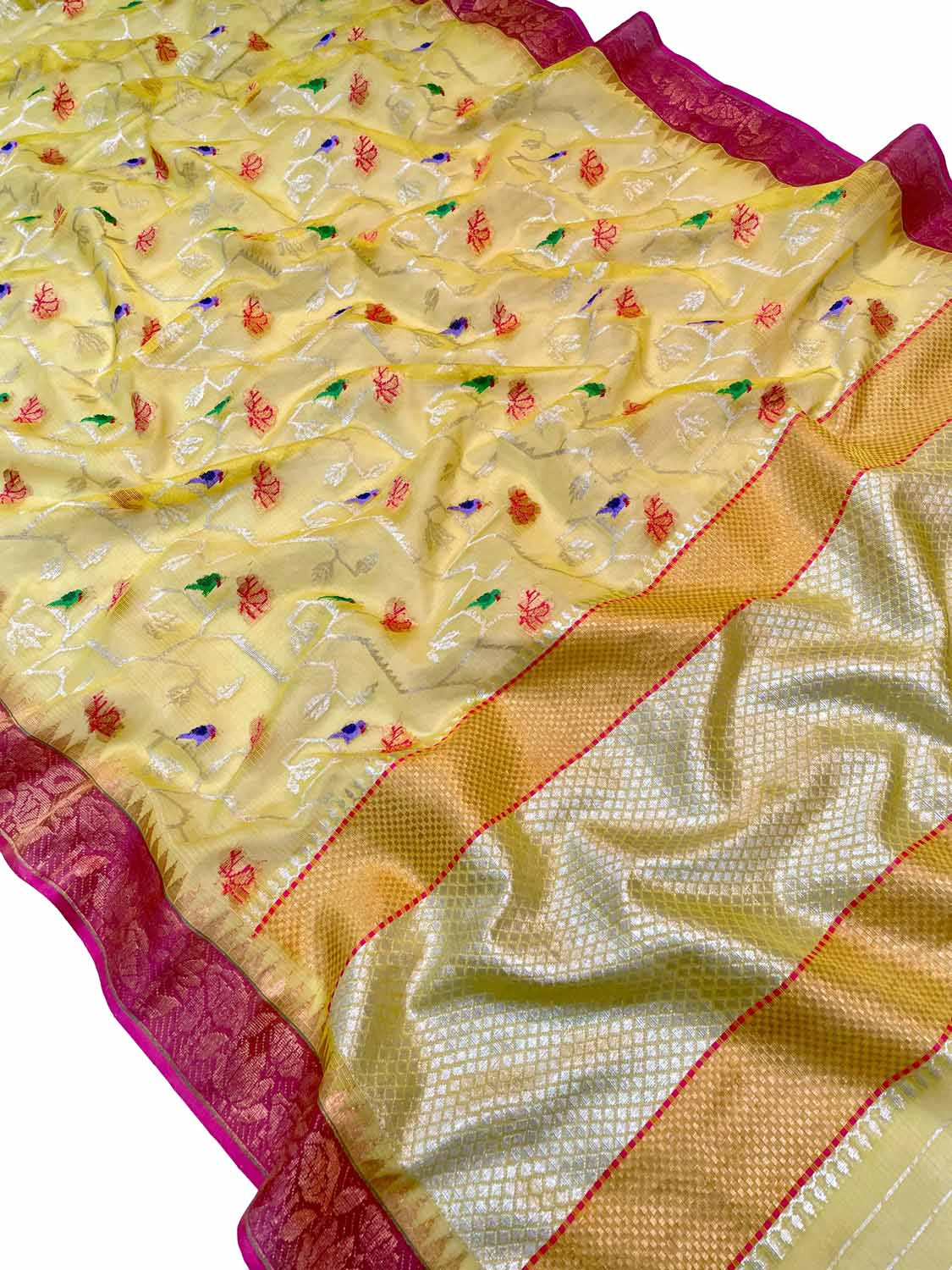 Yellow And Pink Kota Doria Handloom Real Zari Bird Design Saree - Luxurion World