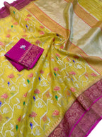 Yellow And Pink Kota Doria Handloom Real Zari Bird Design Saree - Luxurion World