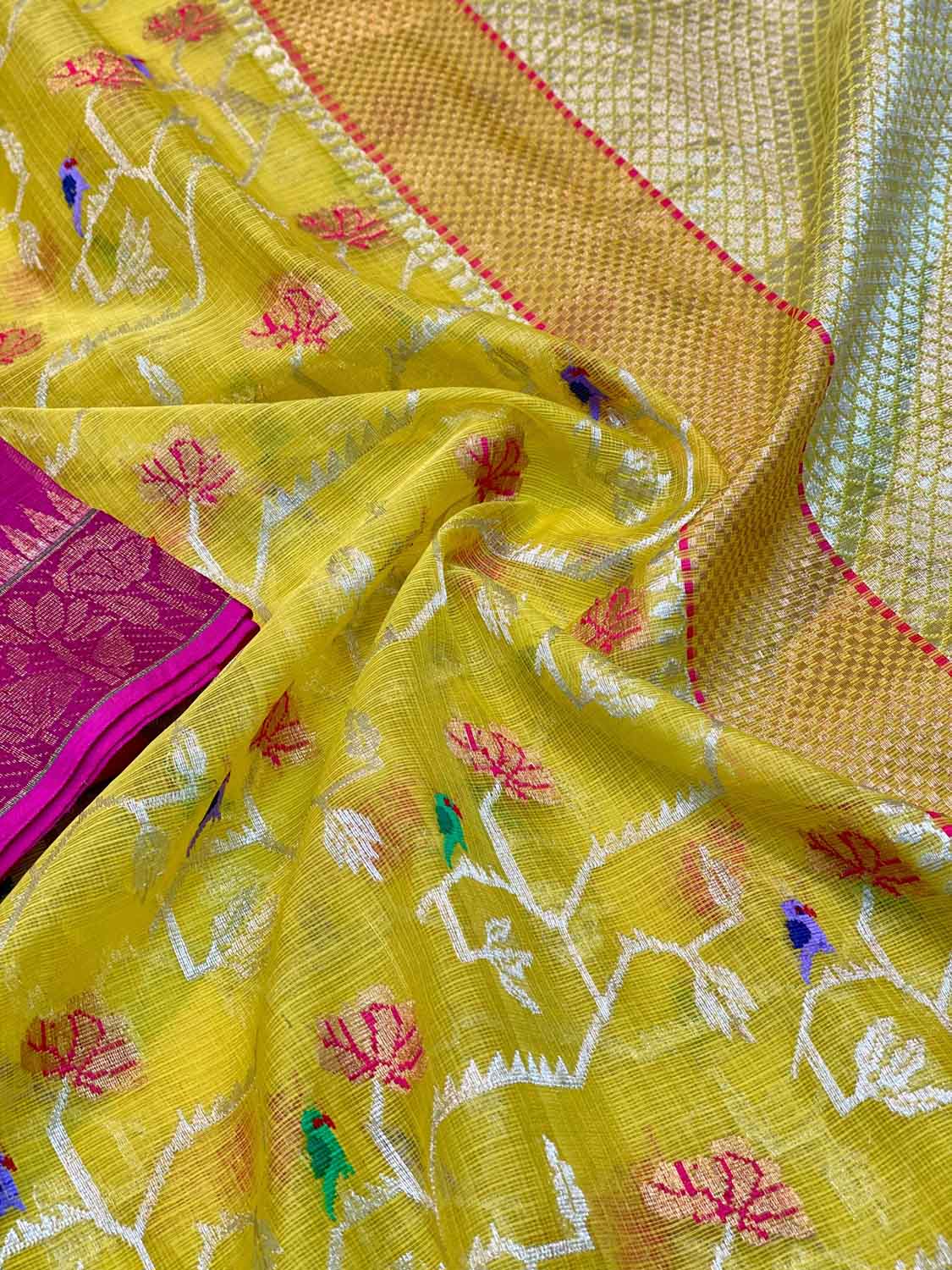 Yellow And Pink Kota Doria Handloom Real Zari Bird Design Saree - Luxurion World