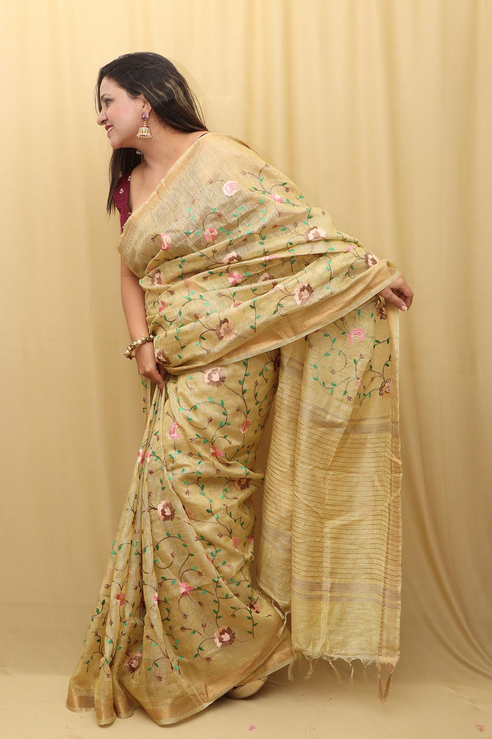 Pastel Linen Silk Embroidered Saree - Luxurion World