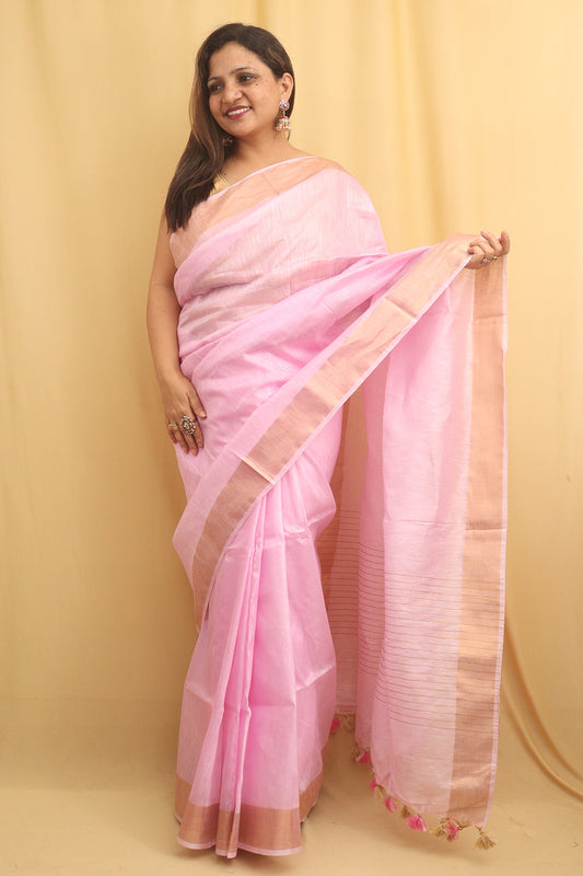 Pink Handloom Linen Saree