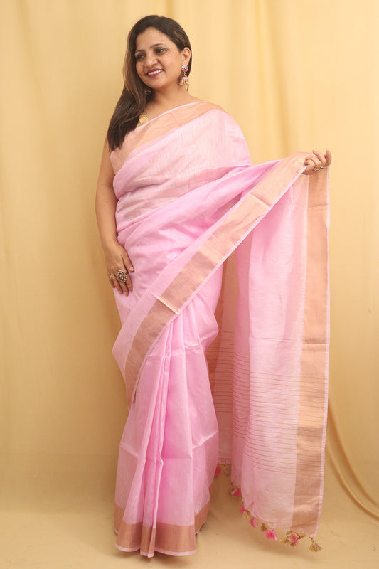 Pink Handloom Linen Saree - Luxurion World