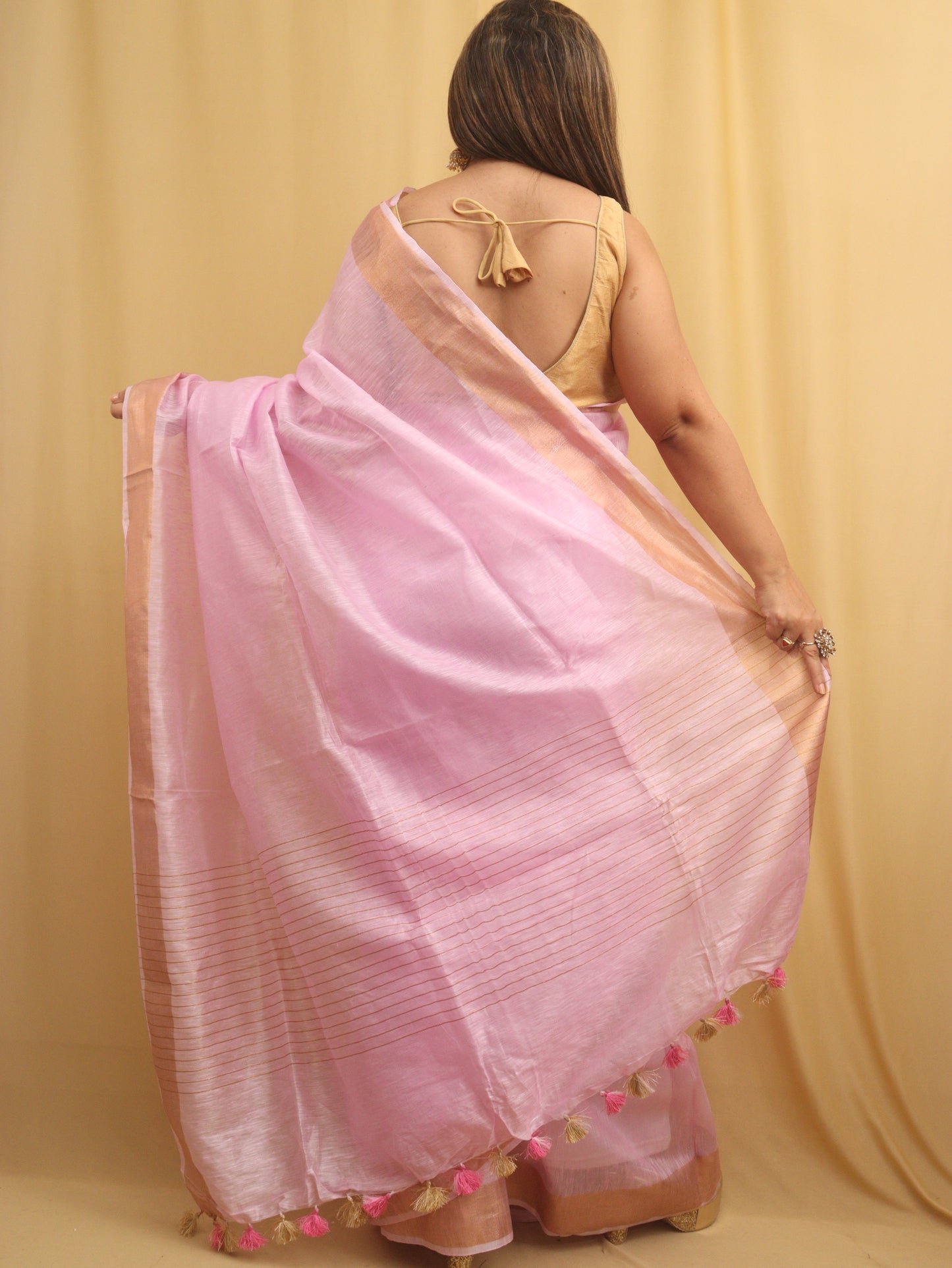 Pink Handloom Linen Saree - Luxurion World