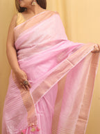 Pink Handloom Linen Saree - Luxurion World