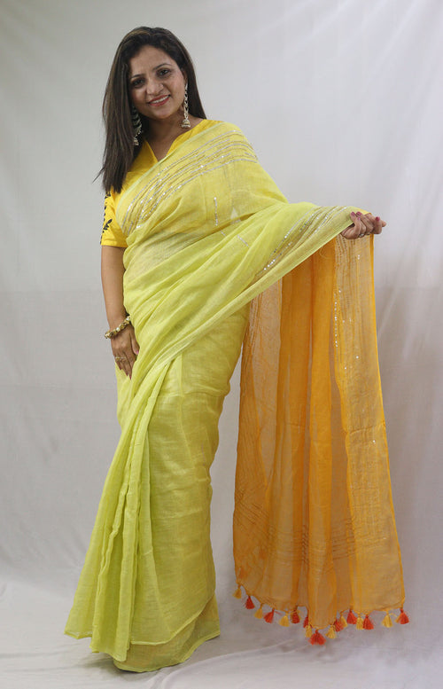 Shop the Latest Yellow Pure Linen Sequins Hand Work Saree Online - Luxurion World
