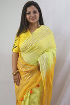 Shop the Latest Yellow Pure Linen Sequins Hand Work Saree Online - Luxurion World