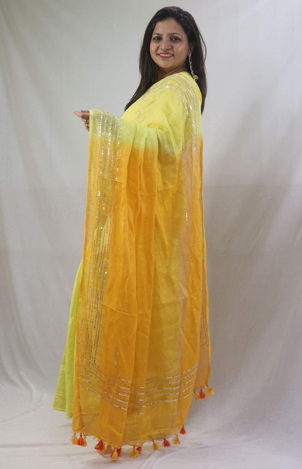 Shop the Latest Yellow Pure Linen Sequins Hand Work Saree Online - Luxurion World