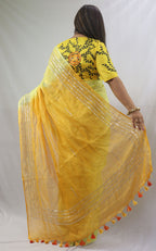 Shop the Latest Yellow Pure Linen Sequins Hand Work Saree Online - Luxurion World