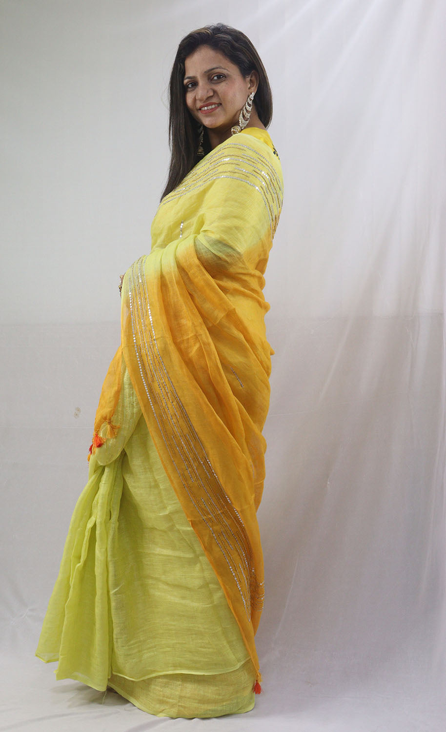 Shop the Latest Yellow Pure Linen Sequins Hand Work Saree Online - Luxurion World