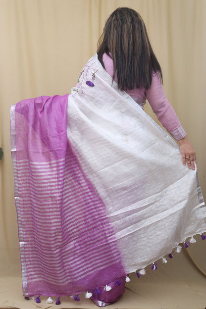 Elegant Embroidered Purple Linen Saree: Pure Luxury for Every Occasion - Luxurion World