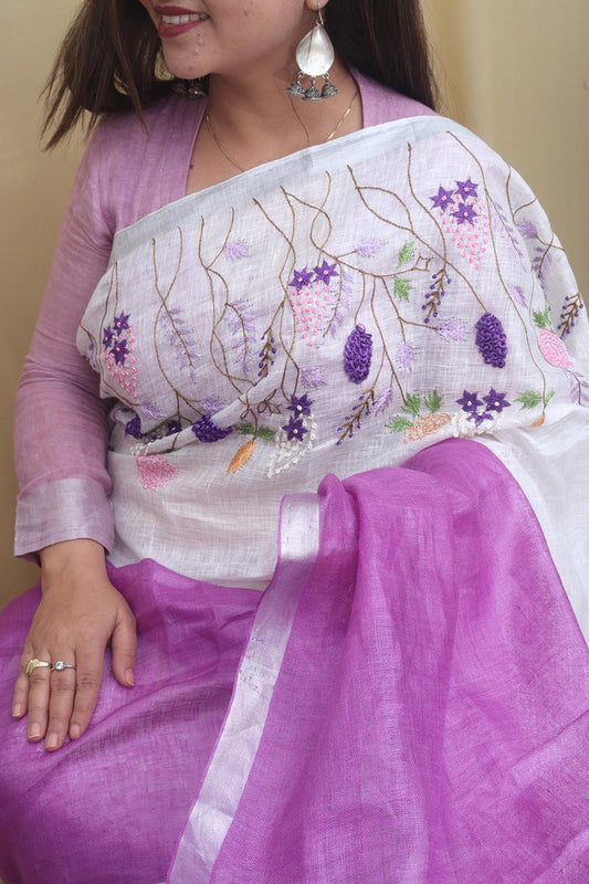 Elegant Embroidered Purple Linen Saree: Pure Luxury for Every Occasion - Luxurion World