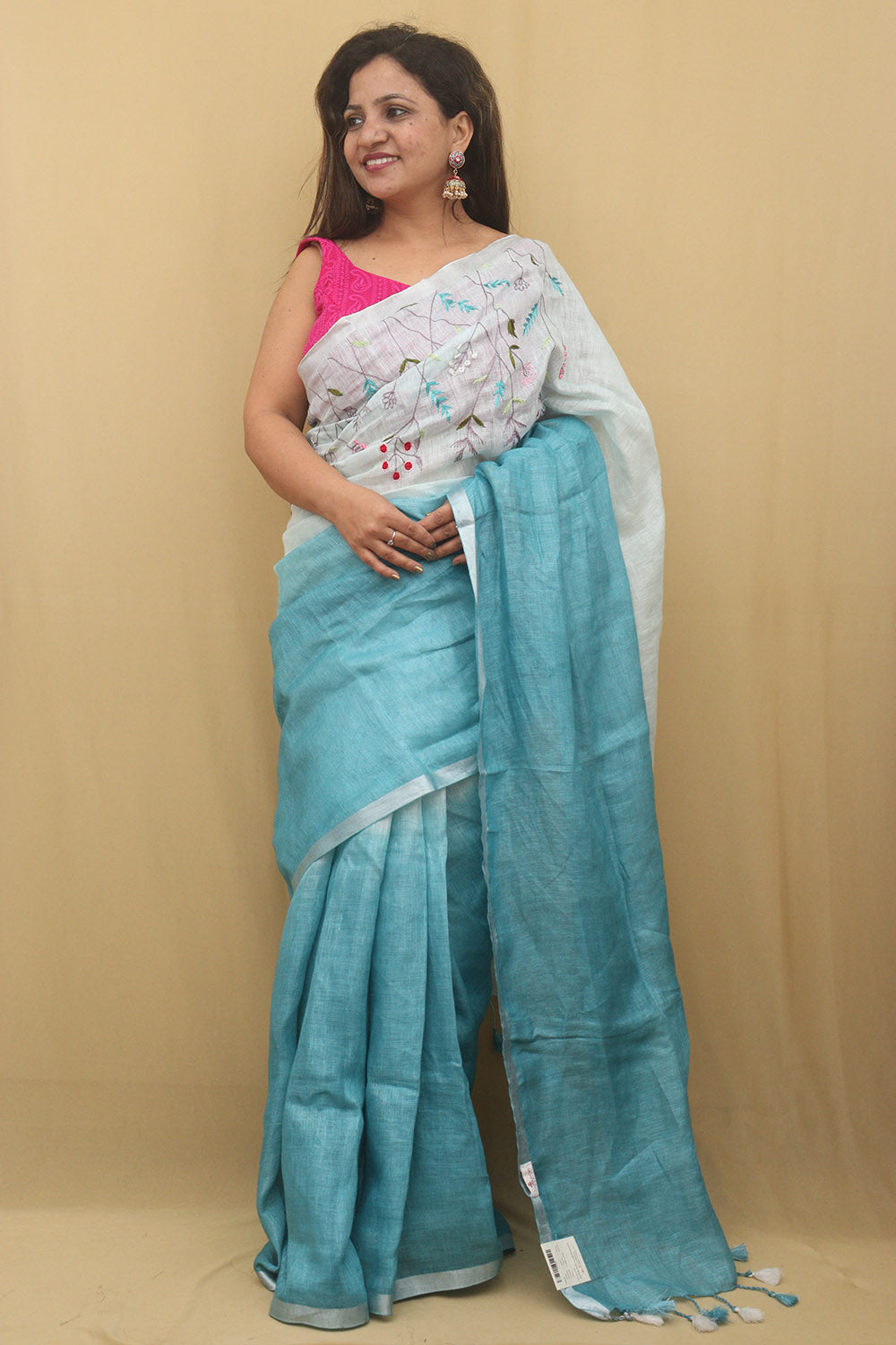 Elegant Blue Linen Saree with Intricate Embroidery - Luxurion World