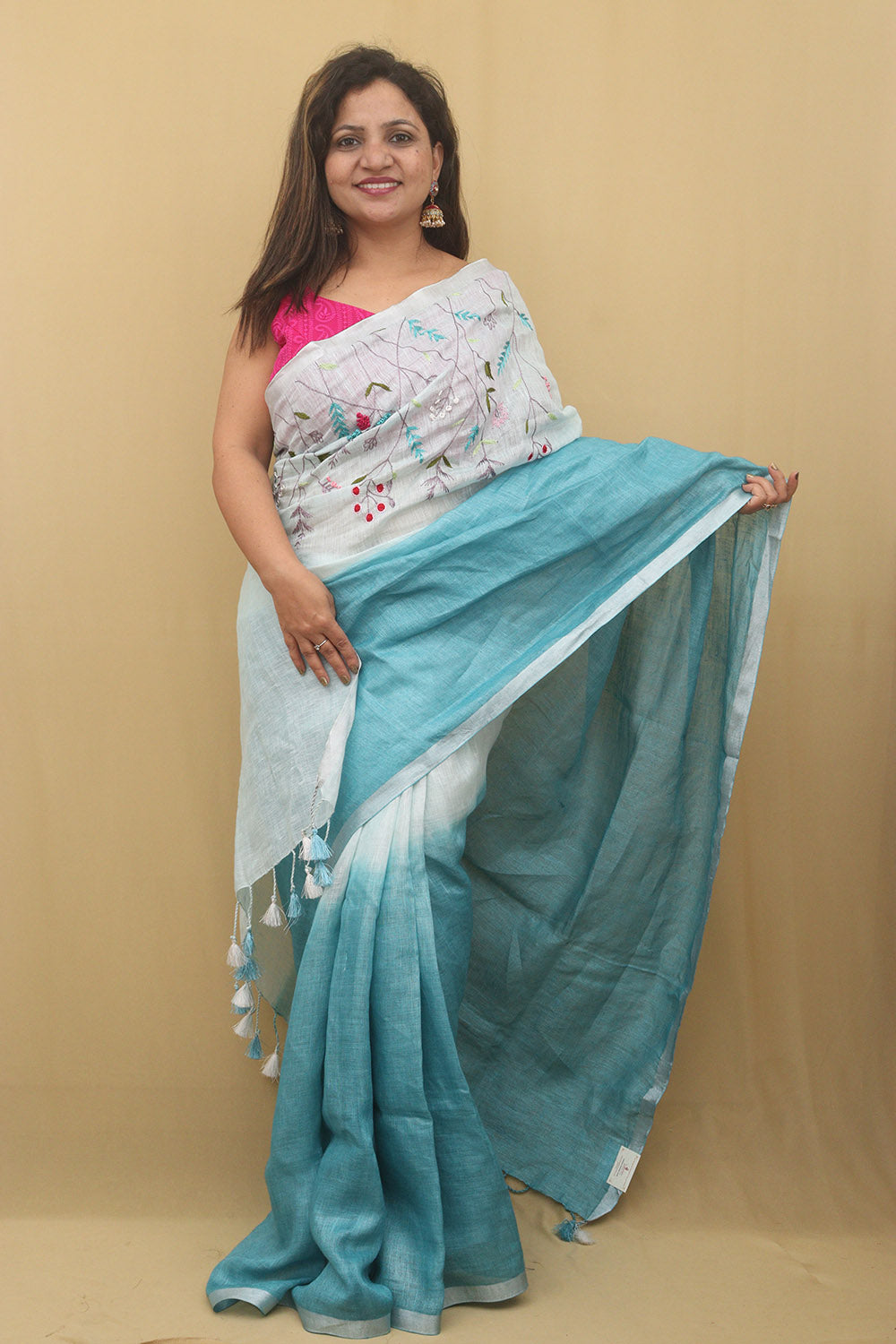Elegant Blue Linen Saree with Intricate Embroidery - Luxurion World