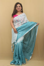 Elegant Blue Linen Saree with Intricate Embroidery - Luxurion World