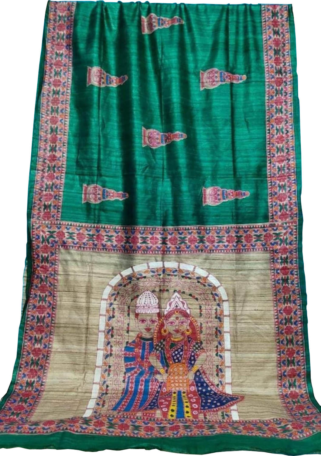 Hand Painted Green Silk Saree with Madhubani Art - Luxurion World