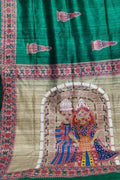 Hand Painted Green Silk Saree with Madhubani Art - Luxurion World