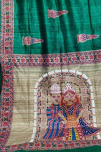 Hand Painted Green Silk Saree with Madhubani Art - Luxurion World