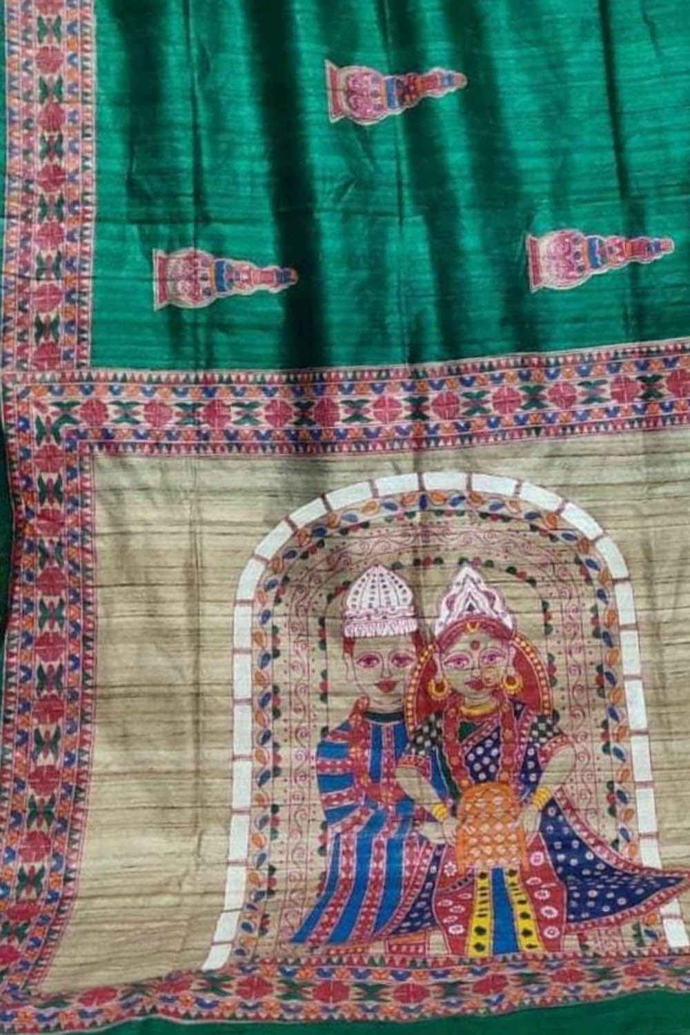 Hand Painted Green Silk Saree with Madhubani Art - Luxurion World
