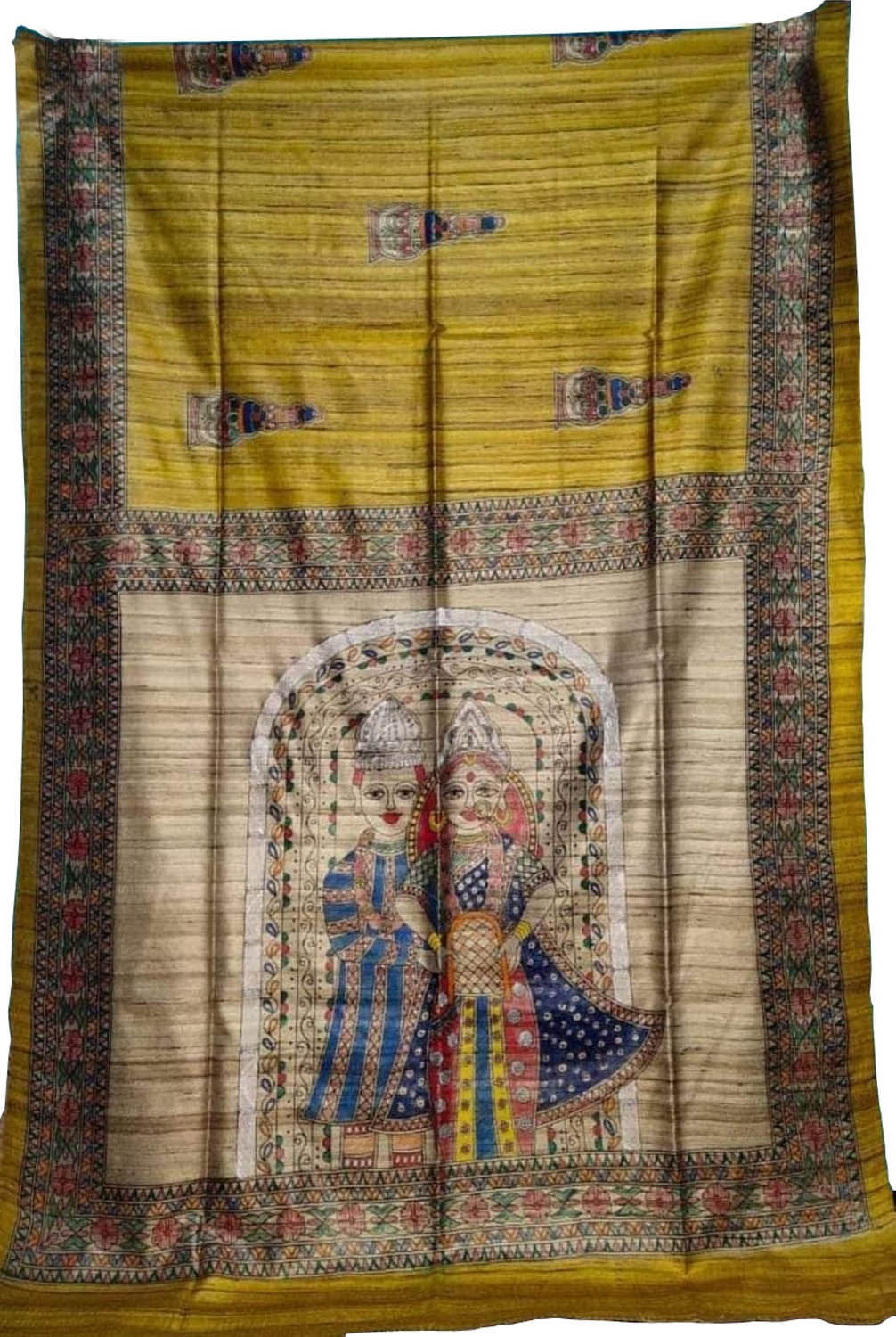 Yellow Madhubani Hand Painted Tussar Silk Saree - Luxurion World