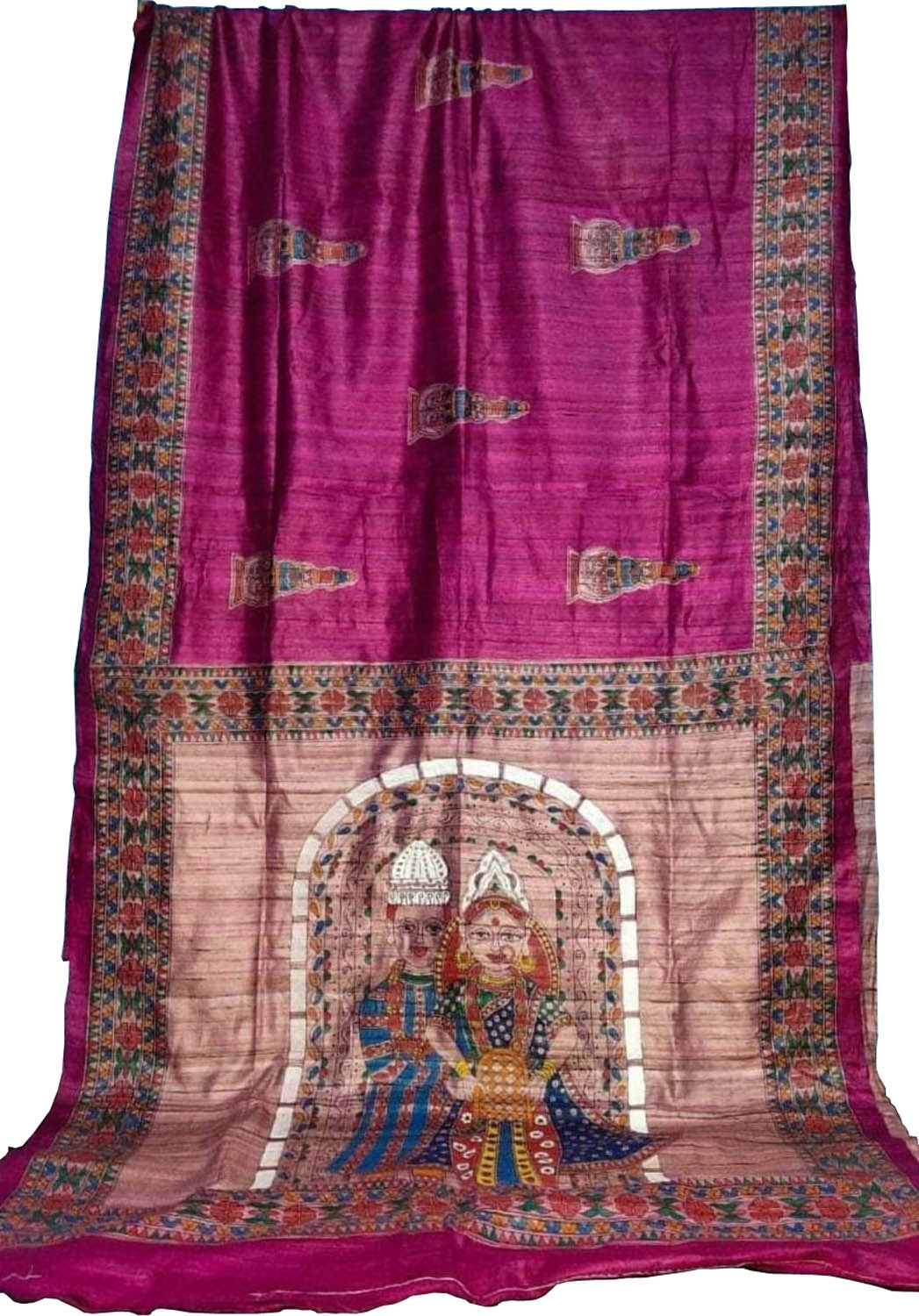 Hand Painted Pink Madhubani Tussar Silk Saree - Luxurion World