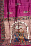 Hand Painted Pink Madhubani Tussar Silk Saree - Luxurion World